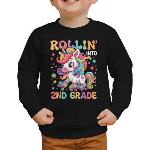 Second Grade Back To School First Day Girls Rollin Unicorn Graphic Toddler Sweatshirt - Savourry