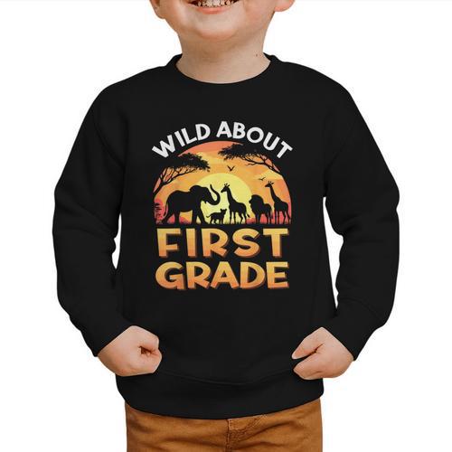 Wild About First Grade Zoo Animals Back To School Safari Graphic Toddler Sweatshirt - Savourry