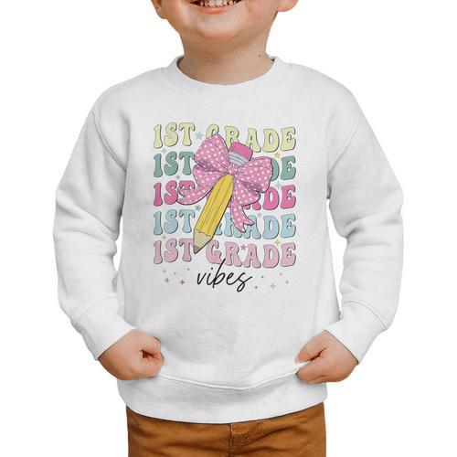 1st Grade Vibes Girl Coquette Bow First Grade Back To School Graphic Toddler Sweatshirt - Savourry