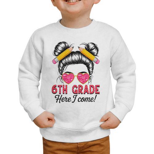 6th Grade Here I Come Messy Bun Hair Back To School Girls Graphic Toddler Sweatshirt - Savourry