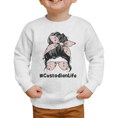 Custodian Life Messy Bun Hair Glasses Leopard Back To School Graphic Toddler Sweatshirt - Savourry