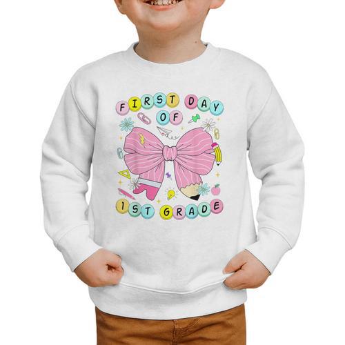 First Day Of 1st Grade Girls Coquette Back To School Kids Graphic Toddler Sweatshirt - Savourry