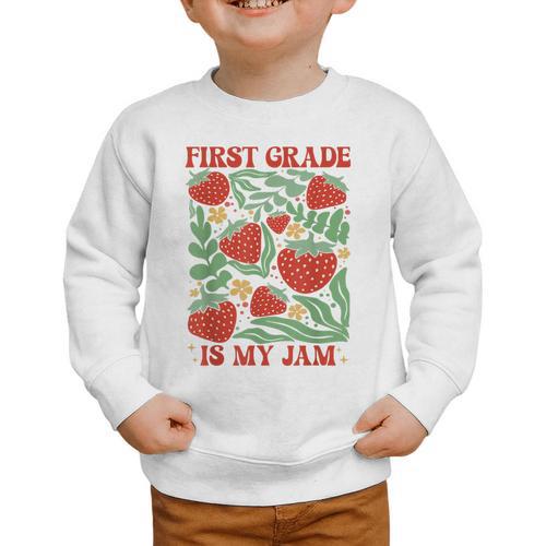 First Grade Is My Jam Boho Floral Strawberry Back To School Graphic Toddler Sweatshirt - Savourry