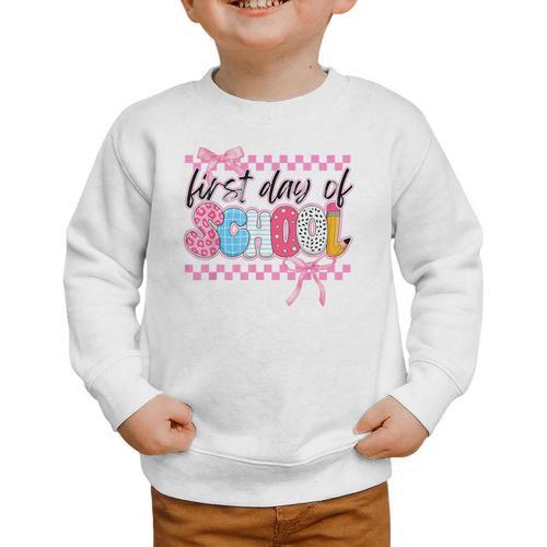 Girl First Day Of School Coquette Bow Pink Back To School Graphic Toddler Sweatshirt - Savourry