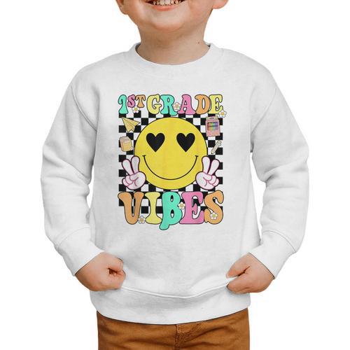 Girls 1st Grade Vibes Smile Face Back To School First Grade Graphic Toddler Sweatshirt - Savourry