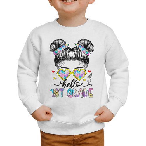 Hello 1st Grade Messy Bun Girl Back To School First Day Graphic Toddler Sweatshirt - Savourry
