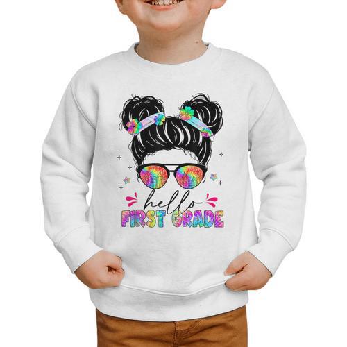 Hello First Grade Shirt Messy Bun Tie Dye Back To School Graphic Toddler Sweatshirt - Savourry