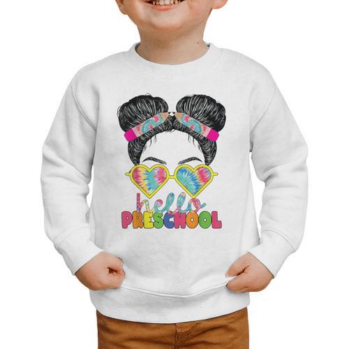 Hello Preschool Messy Bun Tie Dye Back To School Girls Kids Graphic Toddler Sweatshirt - Savourry