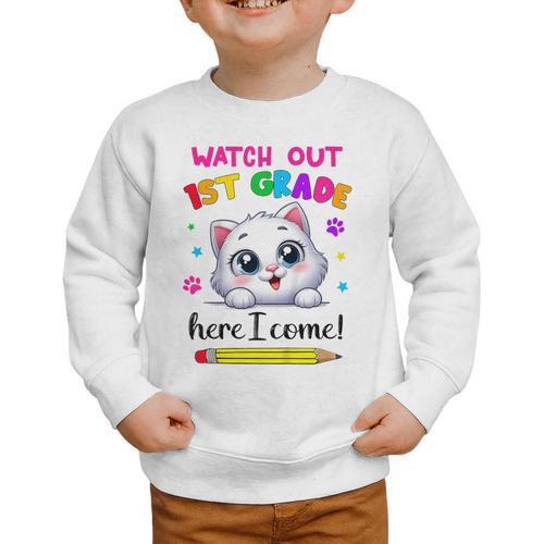 Kids Watch Out 1st Grade Here I Come Girls Cat Back To School Graphic Toddler Sweatshirt - Savourry