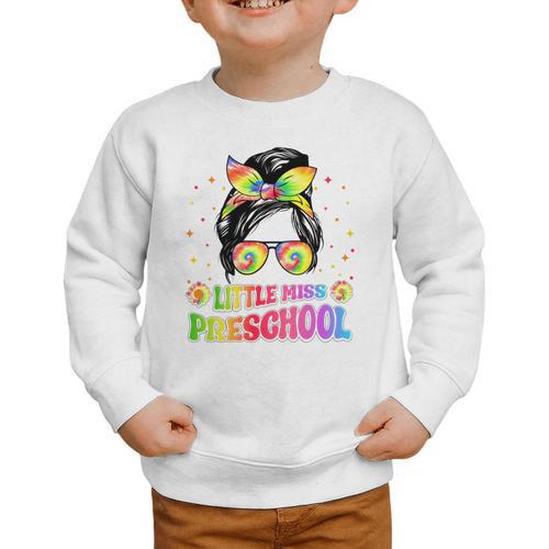 Little Miss Preschool Messy Bun Tie Dye Back To School Girls Graphic Toddler Sweatshirt - Savourry