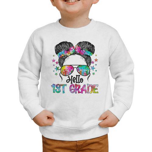 Messy Hair Bun Girl Back To School First Day Hello 1st Grade Graphic Toddler Sweatshirt - Savourry