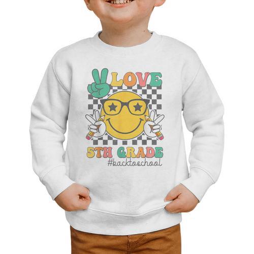 Peace Love 5th Grade Cute Smile Face Back To School Girls Graphic Toddler Sweatshirt - Savourry