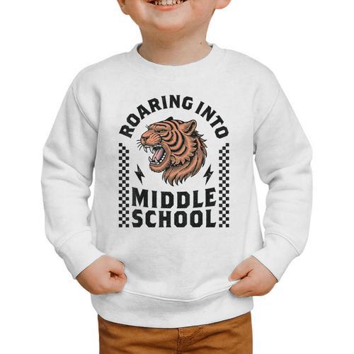 Roaring Into Middle School Tiger Back To School Boy Girl Kid Graphic Toddler Sweatshirt - Savourry