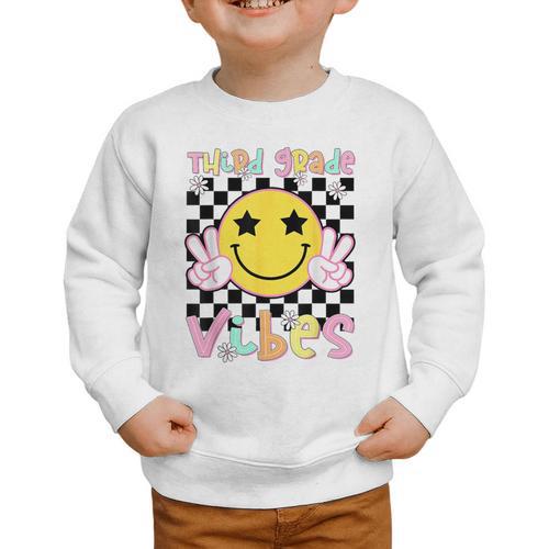 Third Grade Vibes Groovy Smile Face Back To School Girl Kid Graphic Toddler Sweatshirt - Savourry
