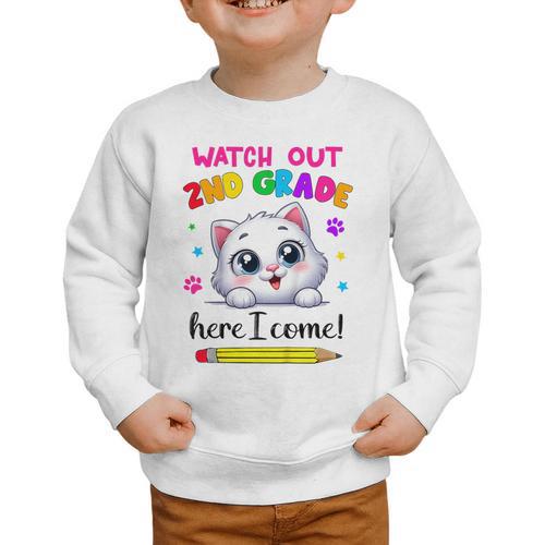 Watch Out 2nd Grade Here I Come Girls Cat Back To School Graphic Toddler Sweatshirt - Savourry
