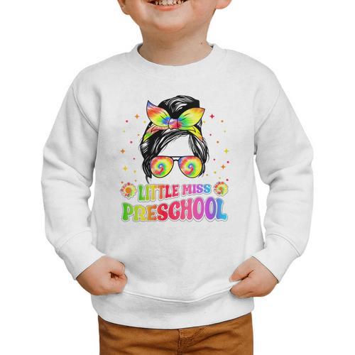 Women's Little Miss Preschool Messy Bun Tie Dye Back To School Girls Graphic Toddler Sweatshirt - Savourry