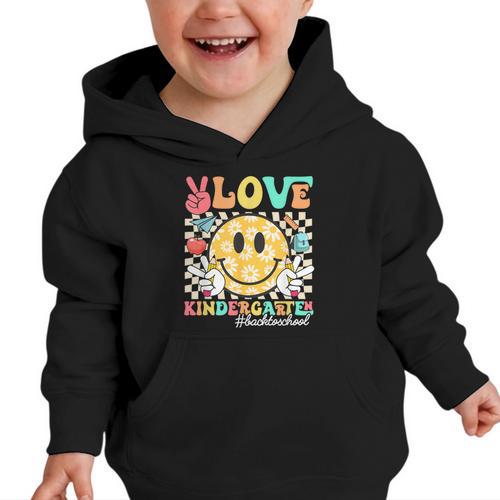 Peace Love Kindergarten Smile Face Back To School Girls Kids Graphic Toddler Hoodie - Savourry
