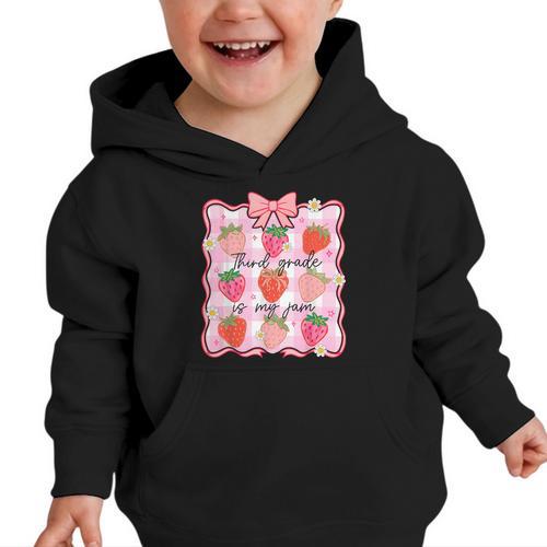Preppy Back To School 3rd Grade Is My Jam Strawberry Bow Graphic Toddler Hoodie - Savourry