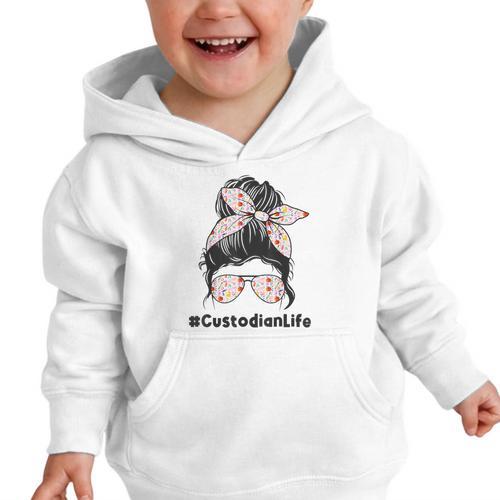 Custodian Life Messy Bun Hair Glasses Leopard Back To School Graphic Toddler Hoodie - Savourry