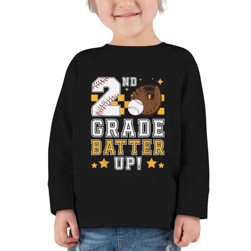 2nd Grade Batter Up Baseball First Day Back To School Graphic Toddler Long Sleeve Tee - Savourry