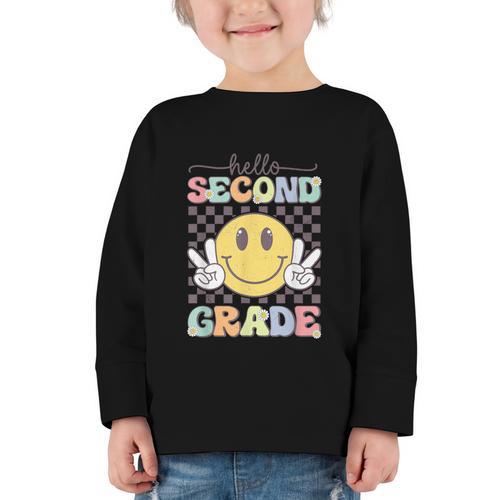 2nd Grade Team Back To School Hello Second Grade Smile Face Graphic Toddler Long Sleeve Tee - Savourry