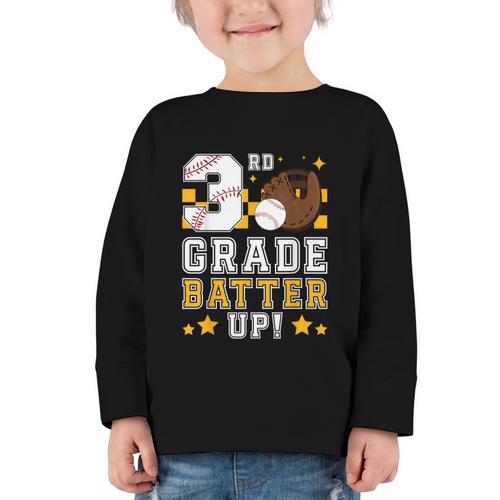 3rd Grade Batter Up Baseball First Day Back To School Graphic Toddler Long Sleeve Tee - Savourry