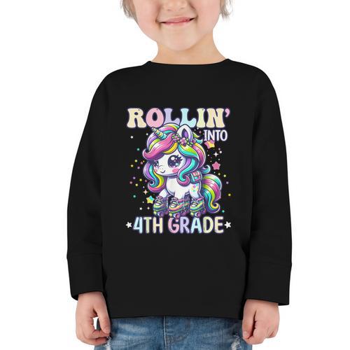4th Grade Back To School First Day Girls Rollin Unicorn Graphic Toddler Long Sleeve Tee - Savourry