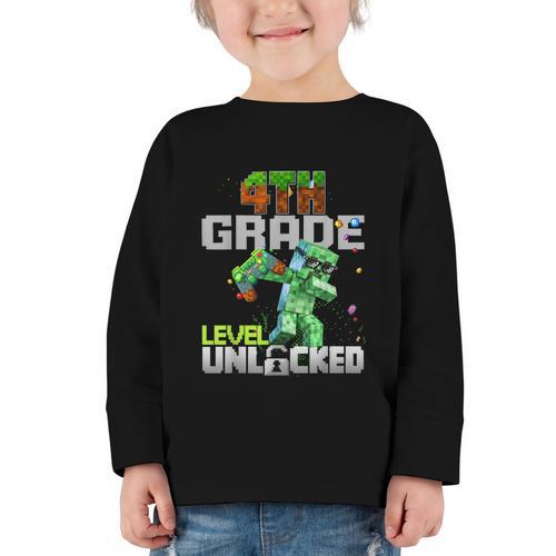 4th Grade Level Unlocked Back To School Pixel Game Graphic Toddler Long Sleeve Tee - Savourry