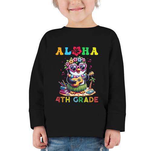 Aloha Fourth Grade Penguin Hawaii Back To School Kids Girl Graphic Toddler Long Sleeve Tee - Savourry
