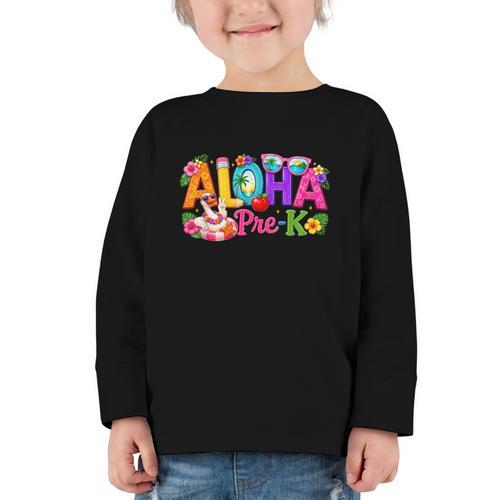 Aloha Pre-K Tropical Floral Beach Silly Goose Back To School Graphic Toddler Long Sleeve Tee - Savourry