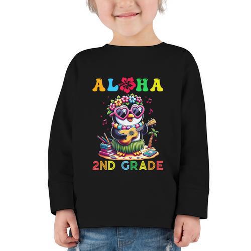 Aloha Second Grade Penguin Hawaii Back To School Kids Girl Graphic Toddler Long Sleeve Tee - Savourry