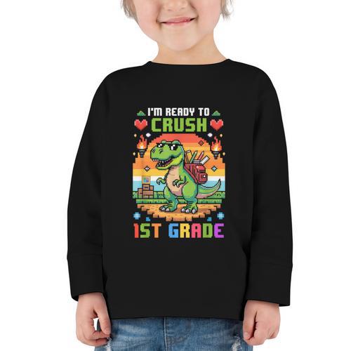 Back To School 1St Grade Boys I'm Ready To Crush Dinosaur Graphic Toddler Long Sleeve Tee - Savourry