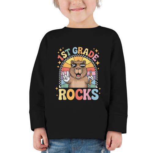 Back To School 1st Grade Capybara First Grade Rocks Graphic Toddler Long Sleeve Tee - Savourry