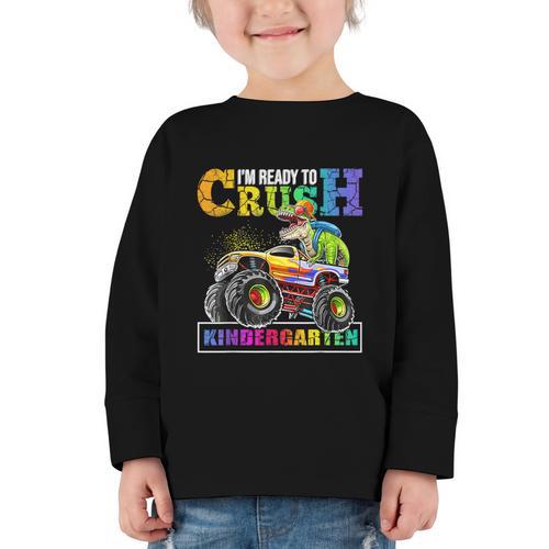 Back To School Boy Dinosaur I'm Ready To Crush Kindergarten Graphic Toddler Long Sleeve Tee - Savourry