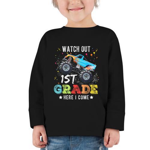 Back To School First Grade Here I Come For Boy Kids Truck Graphic Toddler Long Sleeve Tee - Savourry