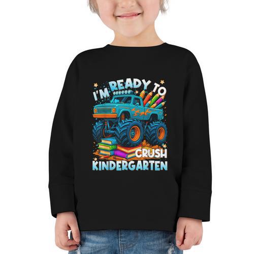 Back To School Ready To Crush Kindergarten Monster Truck Boy Graphic Toddler Long Sleeve Tee - Savourry