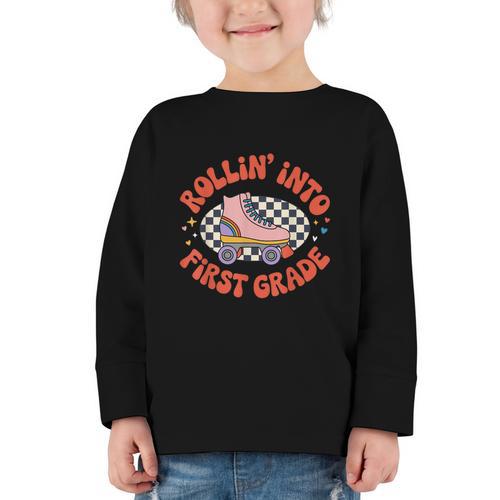 Back To School Rollin Into First Grade Girls Graphic Toddler Long Sleeve Tee - Savourry
