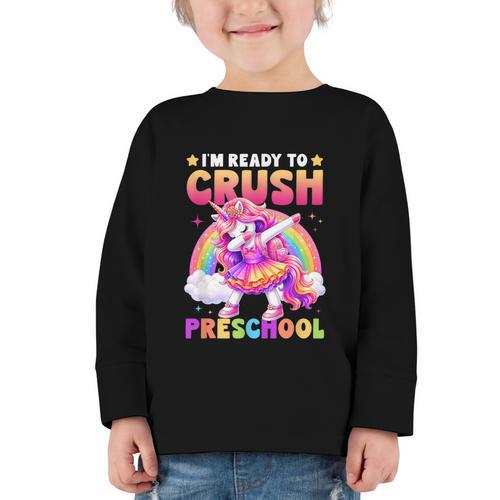 Back To School Unicorn Girls I'm Ready To Crush Preschool Graphic Toddler Long Sleeve Tee - Savourry