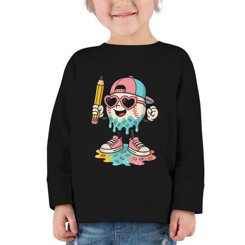 Baseball Drip Ice Cream First Day Back To School Cute Girls Graphic Toddler Long Sleeve Tee - Savourry