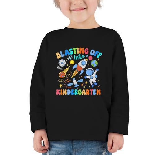 Blasting Off Into Kindergarten Back To School Boys Kid Graphic Toddler Long Sleeve Tee - Savourry