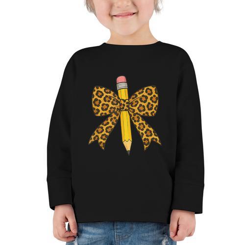 Bow Pencil Leopard First Day Of School Back To School Graphic Toddler Long Sleeve Tee - Savourry