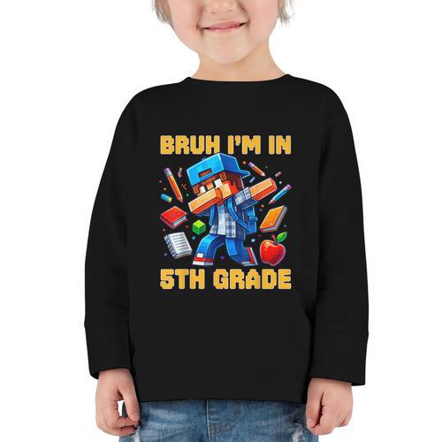 Bruh I'm In 5th Grade Dabbing Boys Kids Gamer Back To School Graphic Toddler Long Sleeve Tee - Savourry