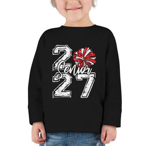 Class Of 2027 Cheer Red Senior 2027 Back To School Graphic Toddler Long Sleeve Tee - Savourry