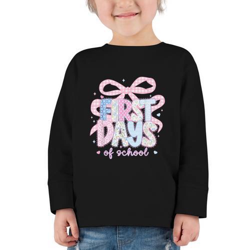 Coquette Bow Happy First Day Of School Back To School Retro Graphic Toddler Long Sleeve Tee - Savourry