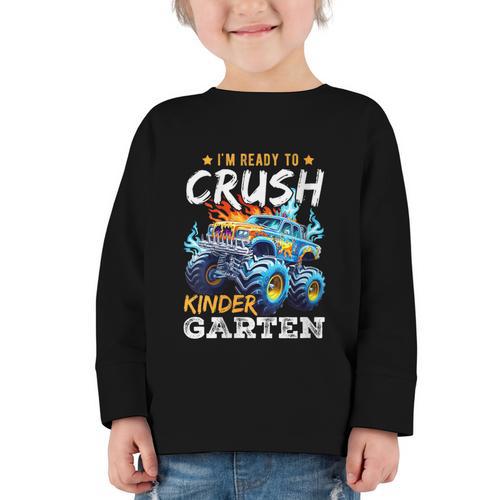 Crush Kindergarten Monster Truck Back To School Boys Graphic Toddler Long Sleeve Tee - Savourry
