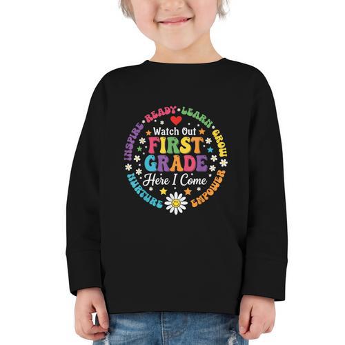 Cute Watch Out First Grade Here I Come Back To School Graphic Toddler Long Sleeve Tee - Savourry