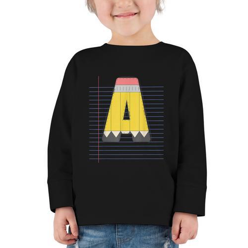 Cute Yellow School Pencil Alphabet Letter A Back To School Graphic Toddler Long Sleeve Tee - Savourry