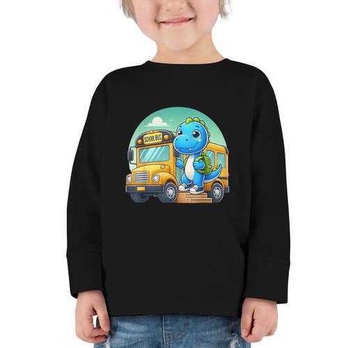 Dinosaur Kids Riding a Bus Back To School Ready To Crush Graphic Toddler Long Sleeve Tee - Savourry