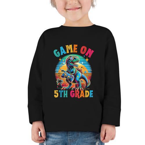 Dinosaur Video Games Back To School 5th Grade Boys Gamer Graphic Toddler Long Sleeve Tee - Savourry