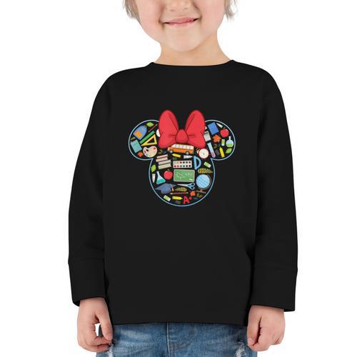 Disney Minnie Mouse Back To School Supplies Face Outline Graphic Toddler Long Sleeve Tee - Savourry